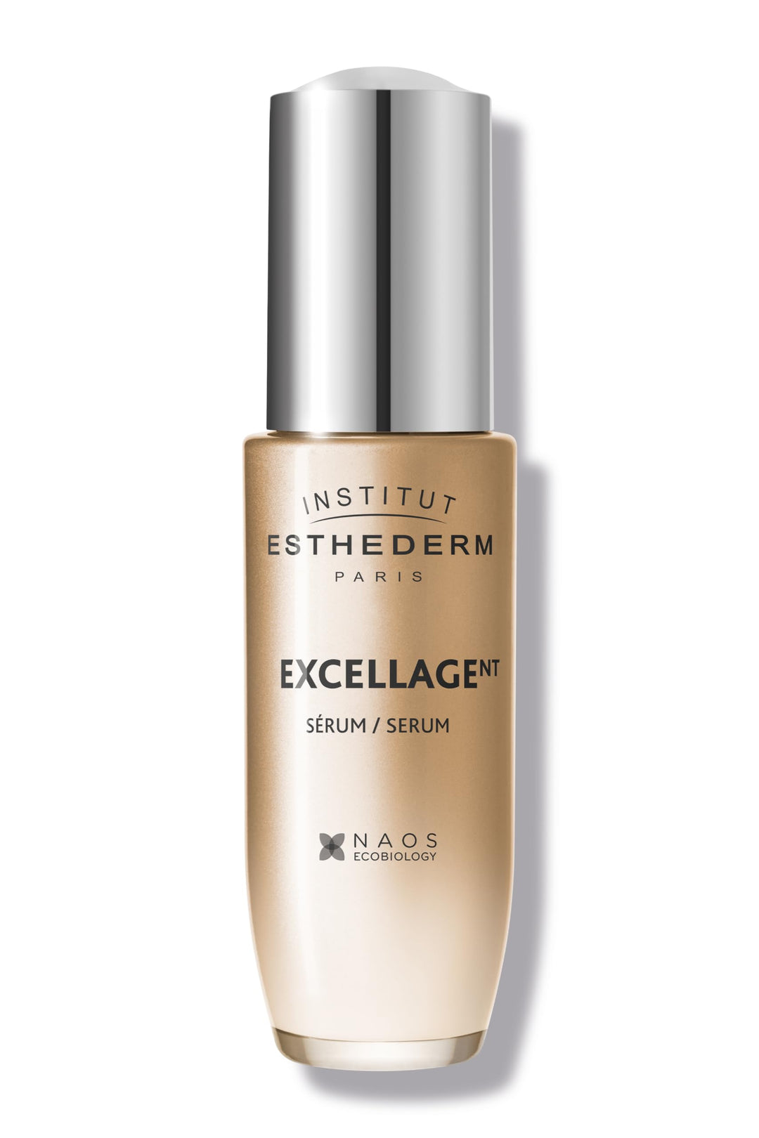 Institut Esthederm Glass serum bottle with dropper, translucent golden liquid and minimalist label