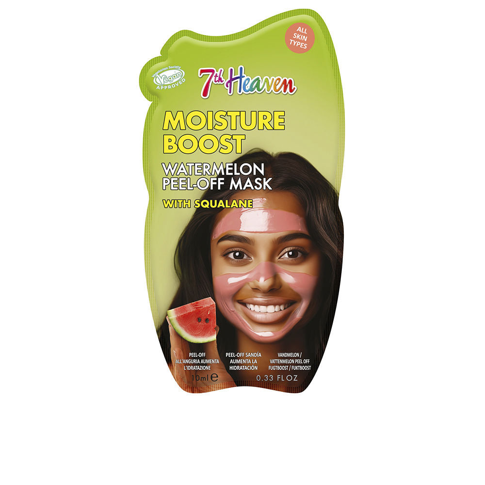 7th Heaven hydrating peel-off mask tube, green-pink-yellow packaging, watermelon image, smiling woman
