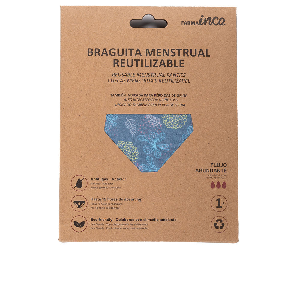Blue printed reusable menstrual briefs, medium size, elastic trim, absorbent panel