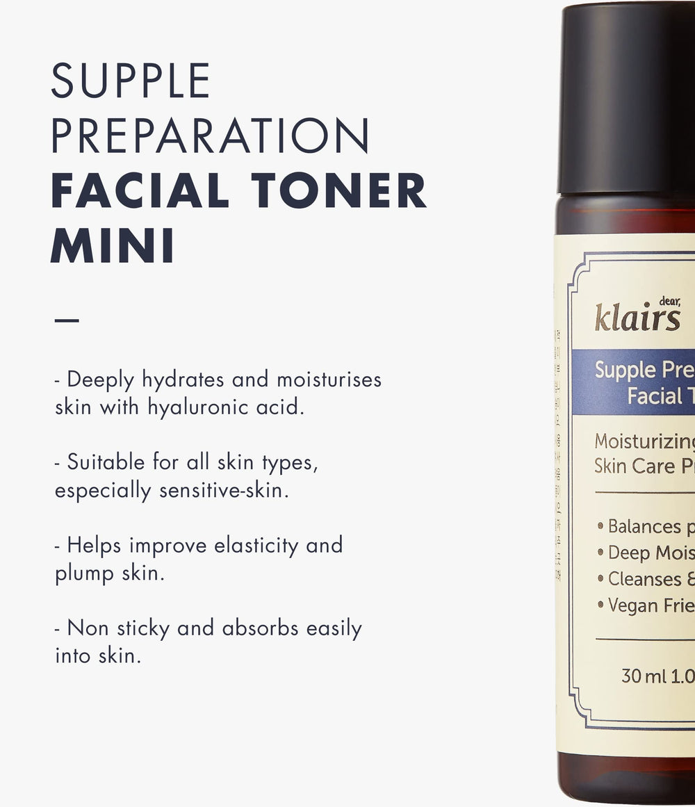 Klairs 30 mL cylindrical plastic toner bottle with black screw cap, cream label and blue panel.