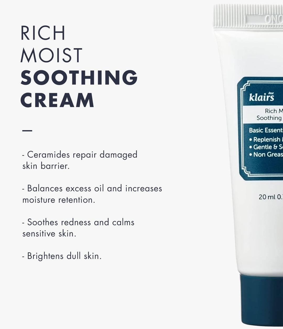 Soft white soothing cream tube with dark blue screw-on cap, rectangular bordered label and printed text, Klairs