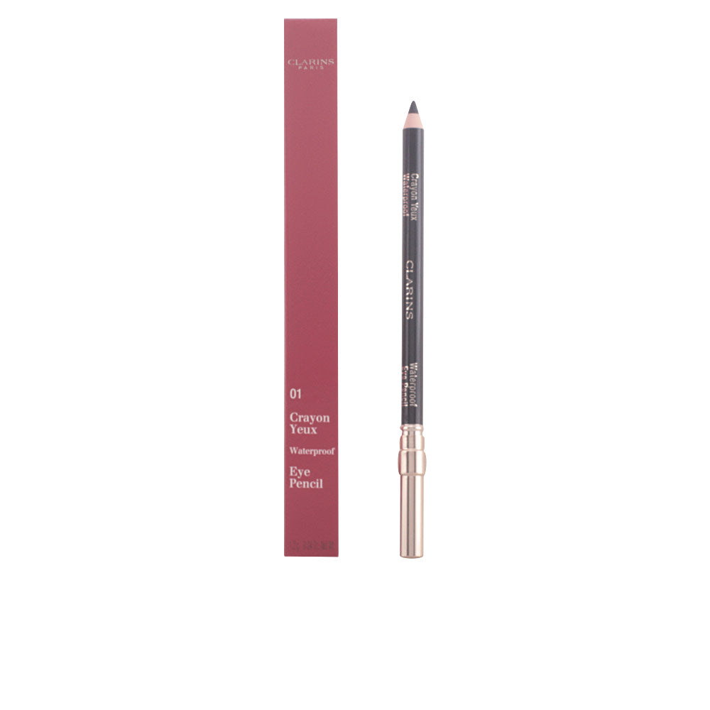 Clarins Slim wood eye pencil in dark gray with rose gold ferrule and burgundy box, refined protective packaging