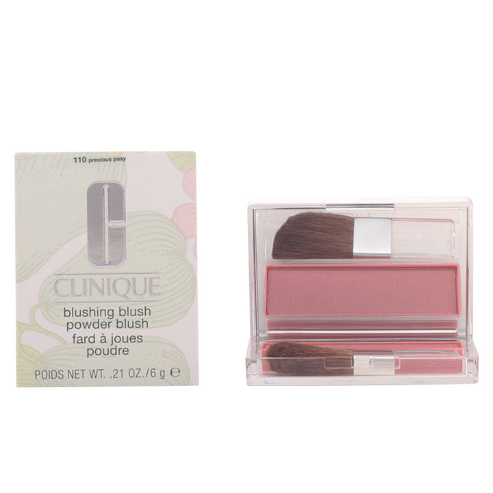 Clinique Beige and light brown powder blush in silver rectangular compact with small brush, minimalist plastic design