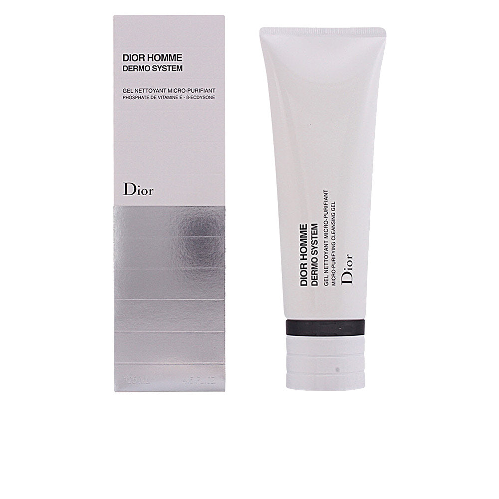 Dior White cleansing gel tube and box with black text and silver cap, minimalist modern packaging
