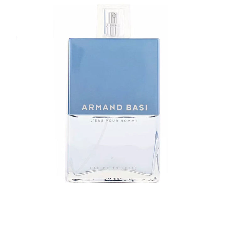 Clear glass blue-tinted 125 ml eau de toilette bottle, aquatic woody fragrance