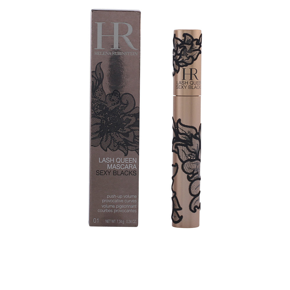 Helena Rubinstein Gold cylindrical mascara tube with black floral lace pattern, printed text, matching decorative box visible
