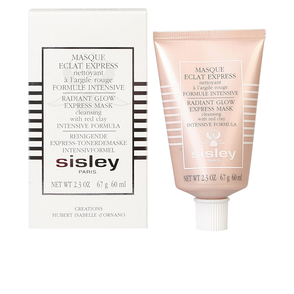 Sisley White and light pink face mask tube with black screw cap, striped box, minimalist typography