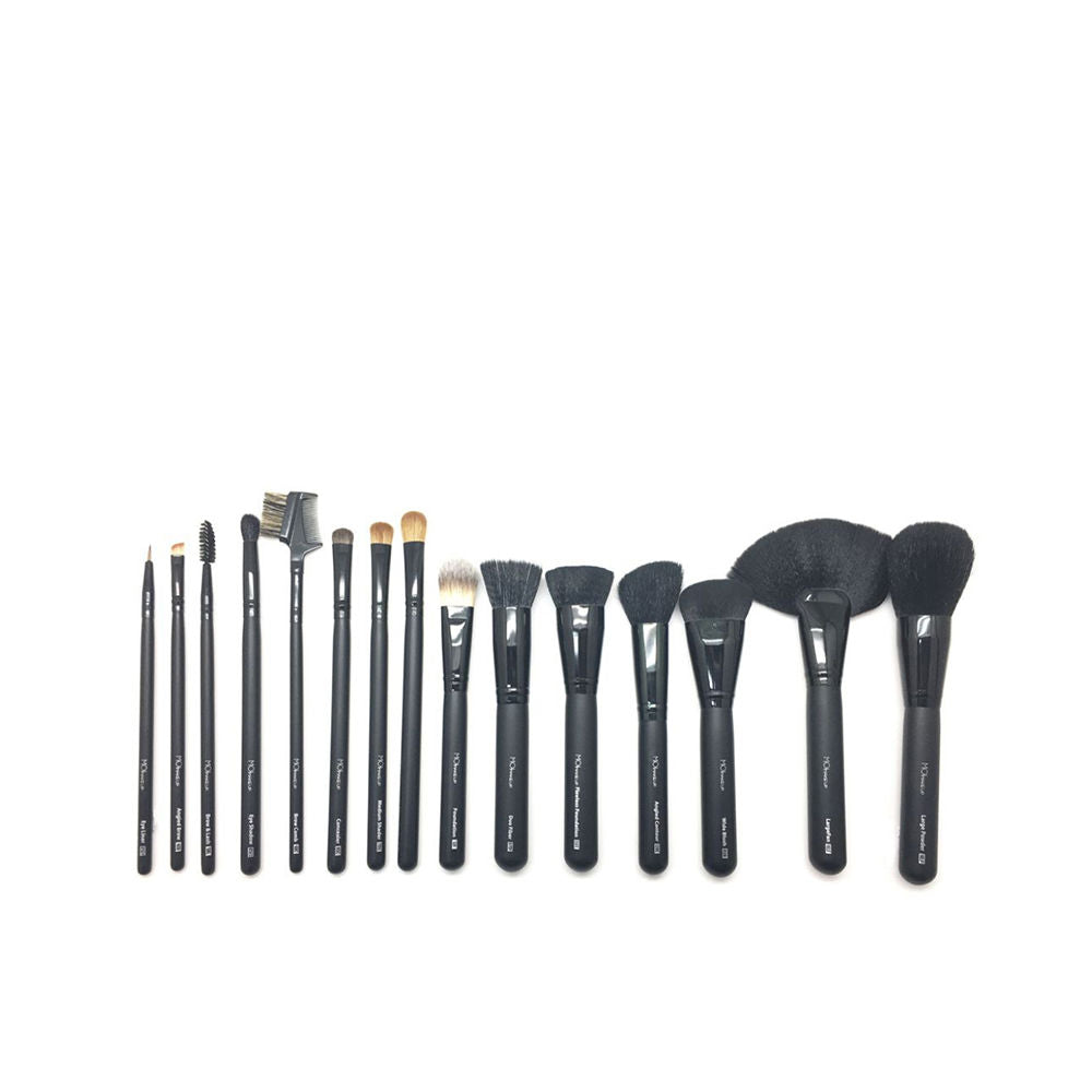Moi Black 15-piece professional makeup brush set with synthetic bristles and sleek plastic handles