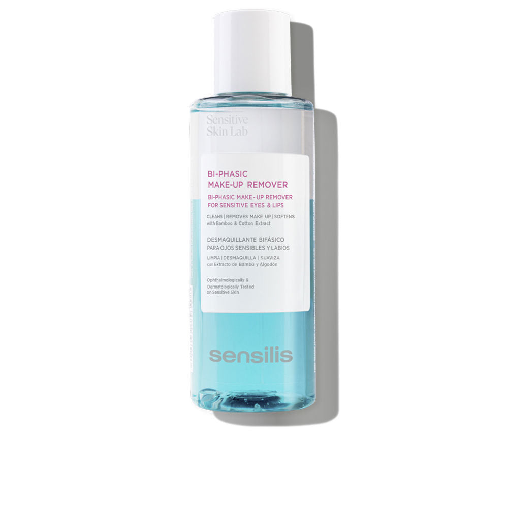 Minimalist transparent plastic bottle with blue and white bi-phasic liquids and white cap, Sensilis label