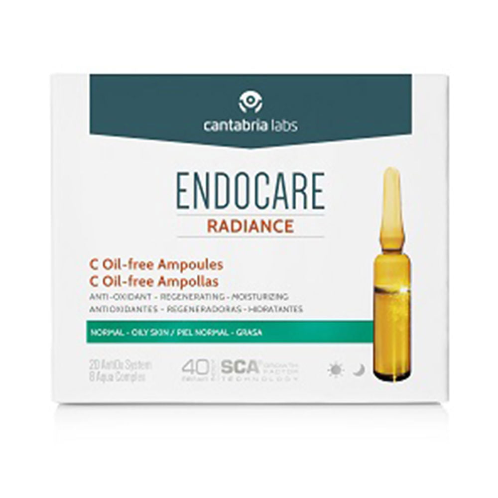 Small glass ampoules of Endocare Radiance C for oil-free brightening treatment