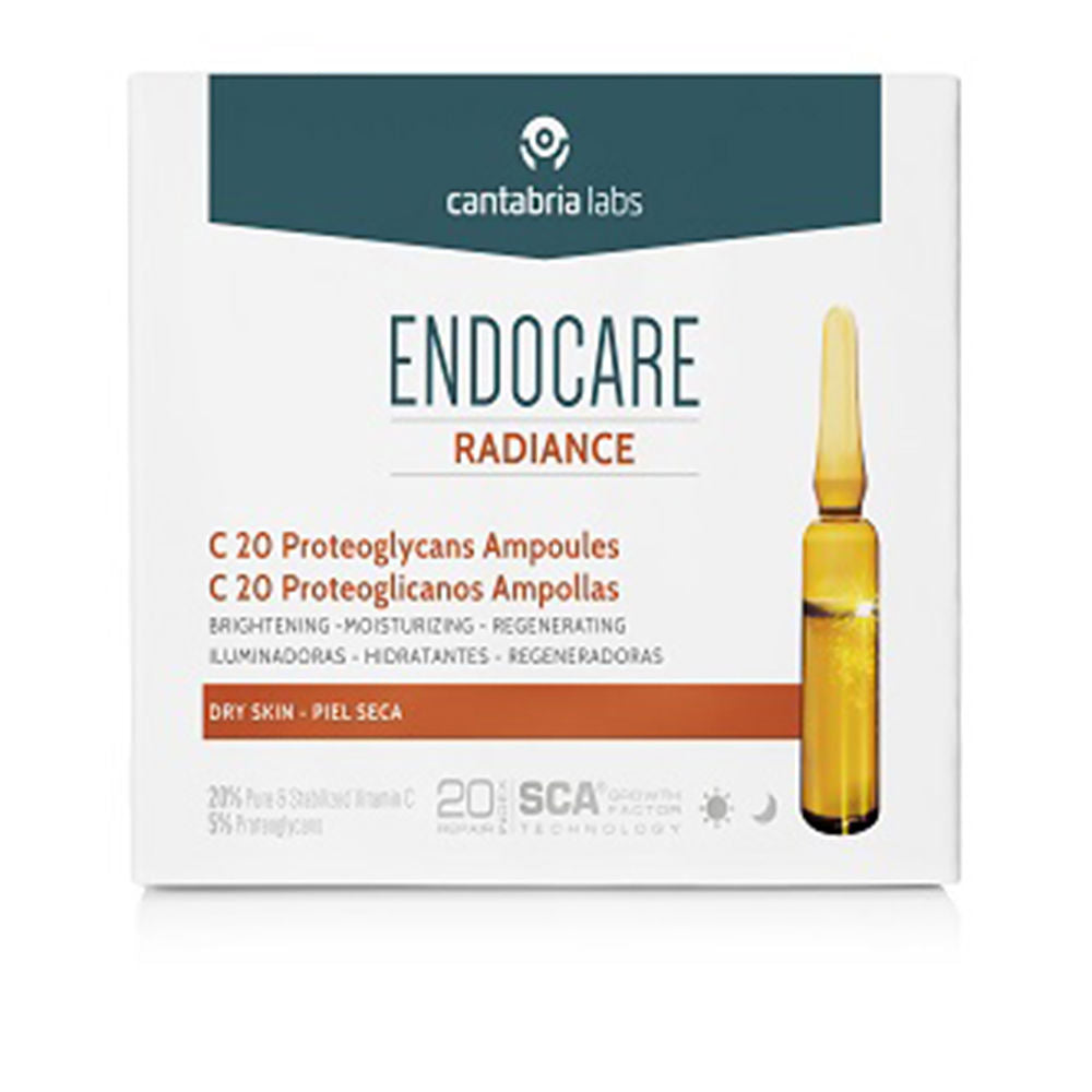 Endocare Slim glass ampoules in white, dark teal, orange and yellow box with multilingual text and logo