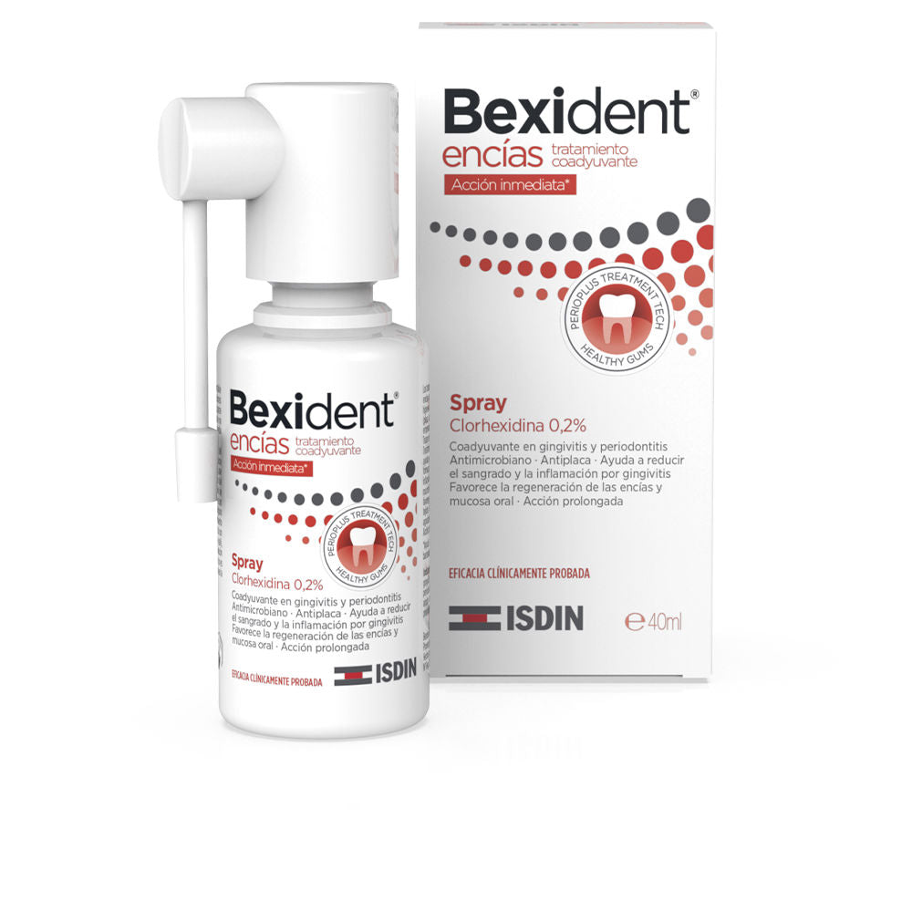 Isdin White plastic spray bottle with nozzle, red and black dotted pattern, printed logos, tooth icon, box