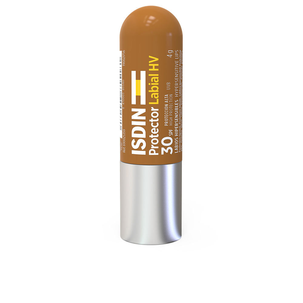 Isdin Brown and silver cylindrical lip protector with rounded top and barcode, plastic casing
