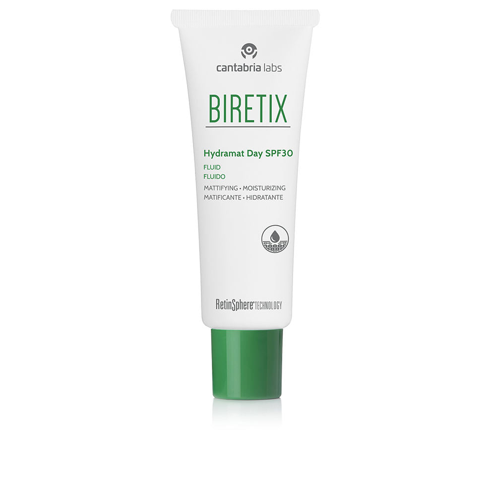 Biretix White and green plastic tube with matte finish, screw cap, printed text and water-drop icon