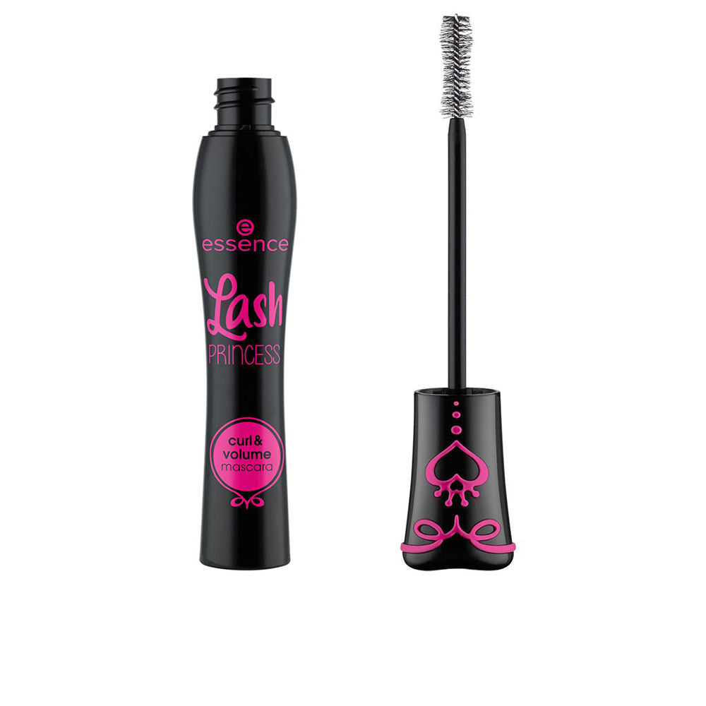 Black plastic mascara tube with curved shape, pink printed text, bristle wand, decorative heart bow cap, Essence