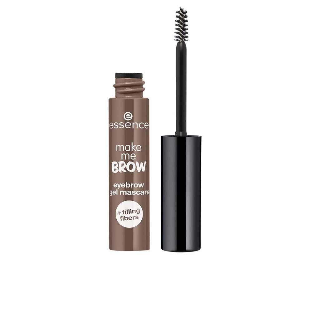 Essence Brown and black eyebrow gel mascara in cylindrical tube with small round brush head and printed text