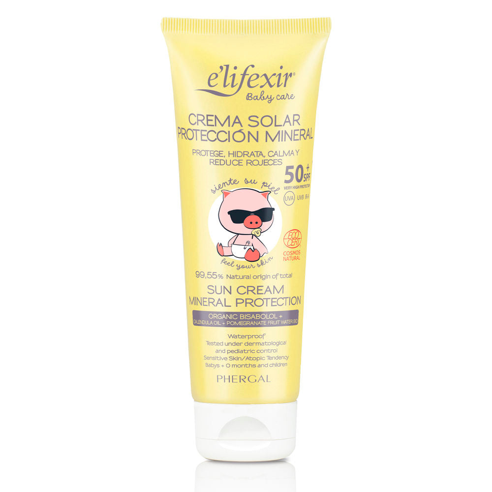 Tube of E'LIFEXIR Baby mineral sunscreen SPF 50+ against a soft neutral background