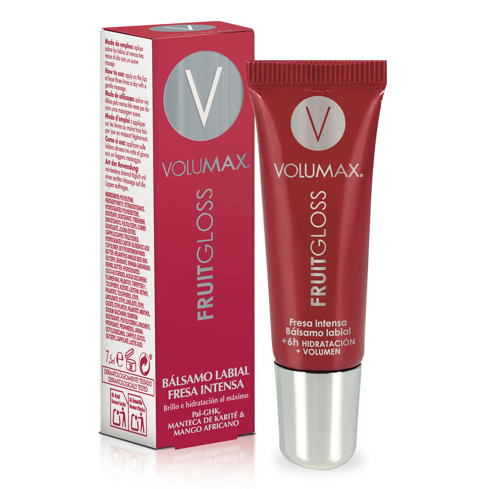 Tube of Volumax hydrating lip balm with glossy finish on lips
