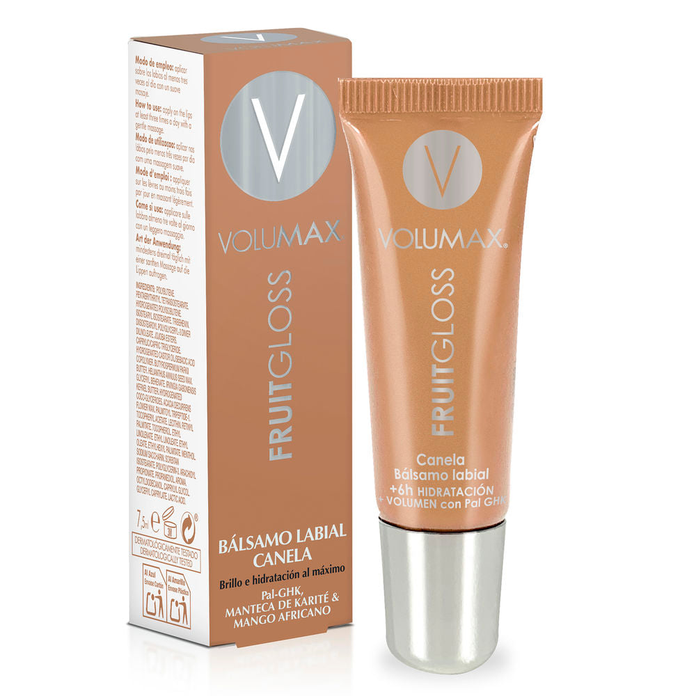 7.5 ml cinnamon-toned lip balm tube; glossy botanical finish