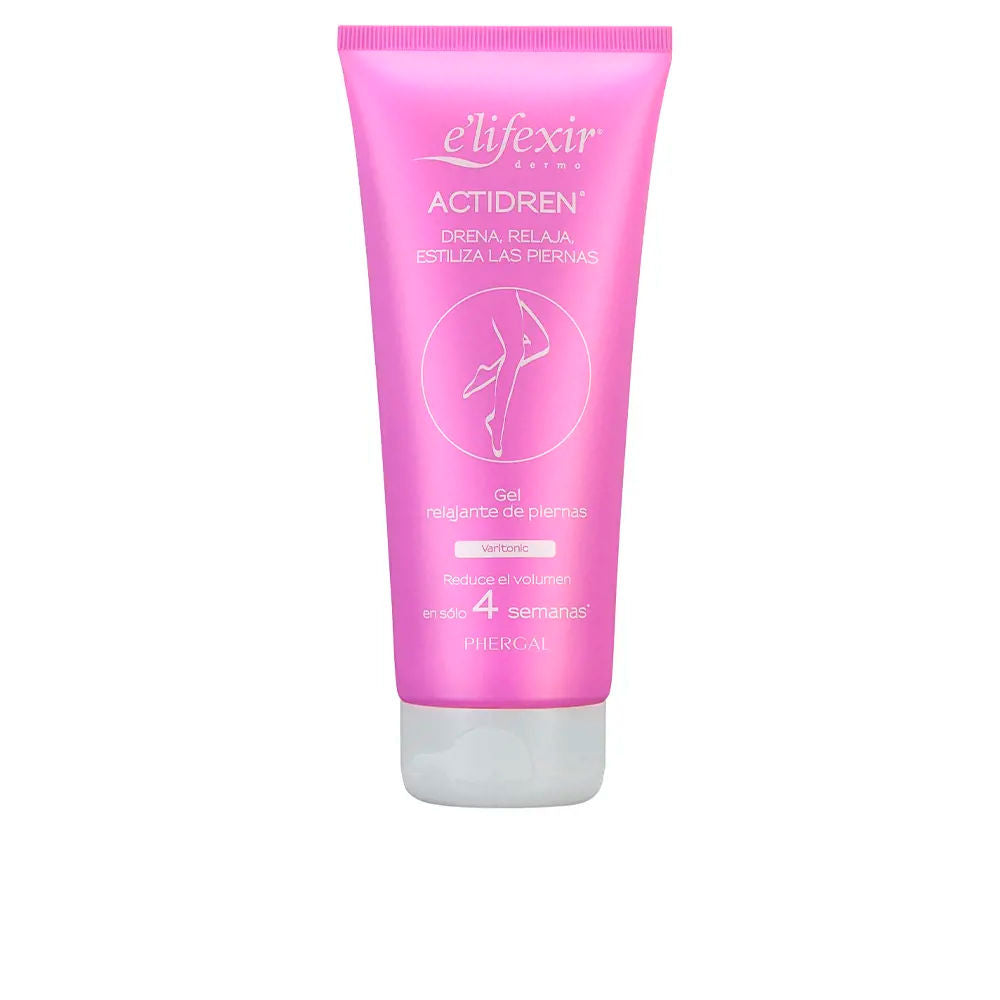 E'lifexir pink plastic tube leg gel with white cap, front text, logo and leg illustration