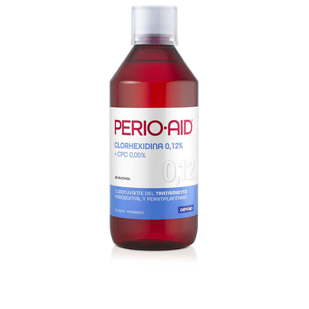 Perio·aid Transparent red, white, and blue plastic mouthwash bottle with screw cap, clean clinical presentation