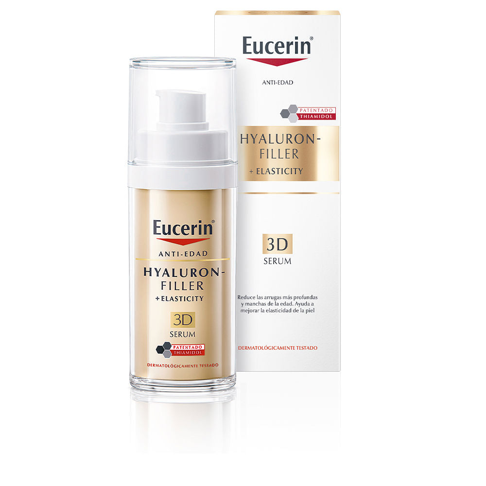 Bottle of Hyaluron Filler + Elasticity Serum by Eucerin on neutral background