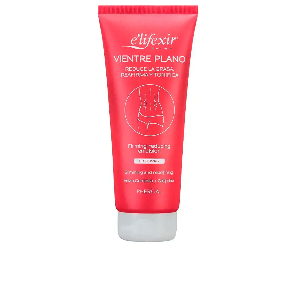 E'lifexir Red plastic tube with white cap, torso illustration and arrows indicating slimming, modern minimalist design