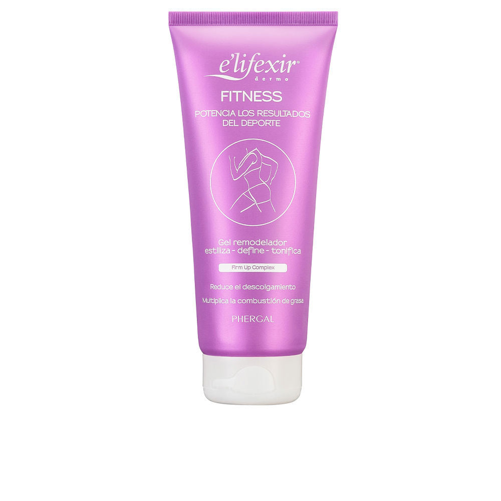 E'lifexir Purple gel tube with white flip cap, minimalist line running figure on plastic tube