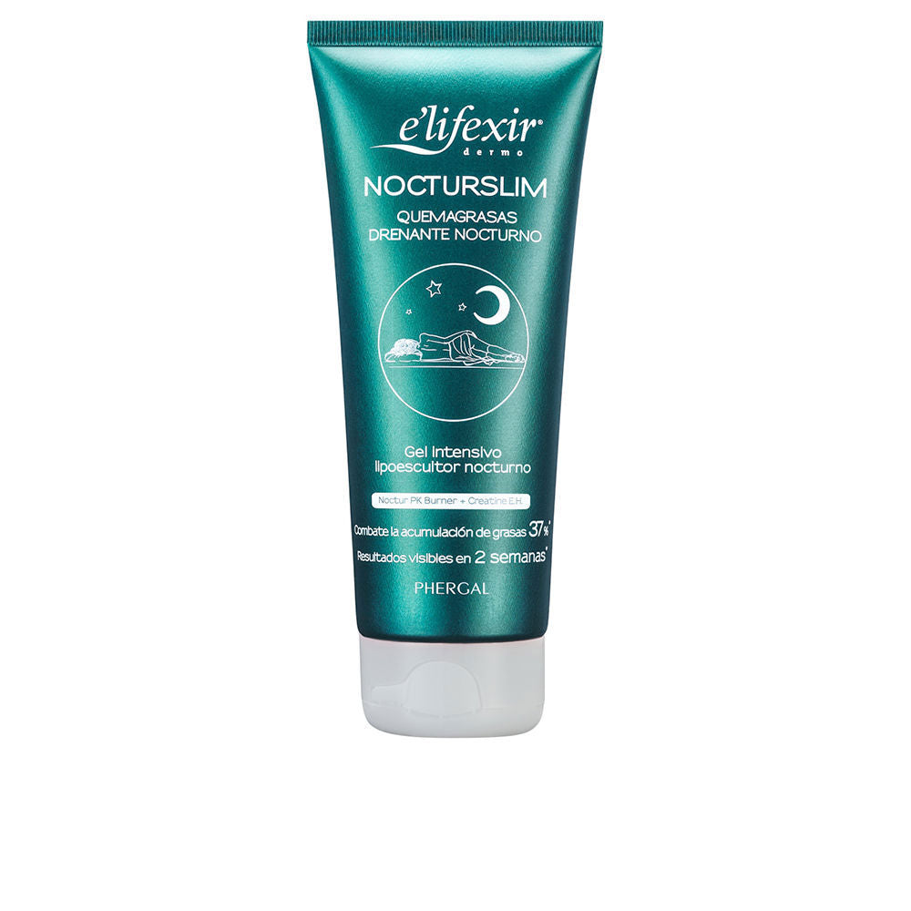 E'lifexir Teal plastic tube of body slimming gel with matte finish, white flip cap, printed moon-and-stars illustration