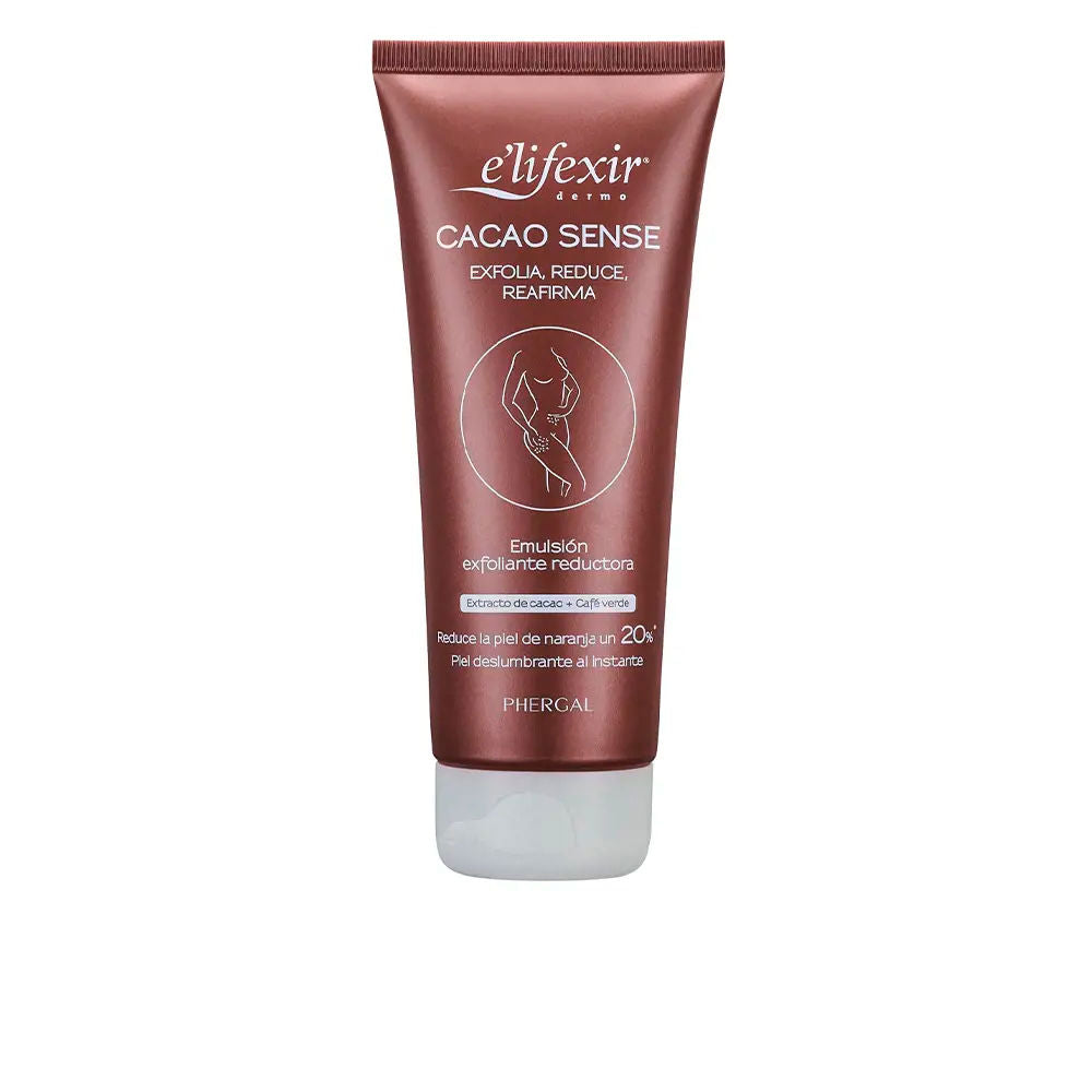 E'lifexir Brown exfoliating cream in matte plastic tube with white cap, front text, logo and body illustration