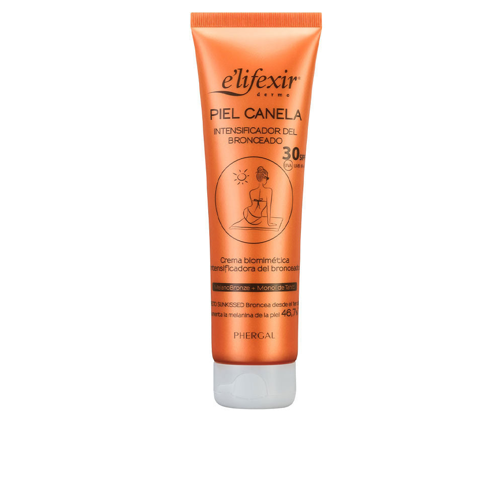 E'lifexir Orange plastic tube sunscreen lotion with flip-top cap, printed SPF 30 label and woman illustration