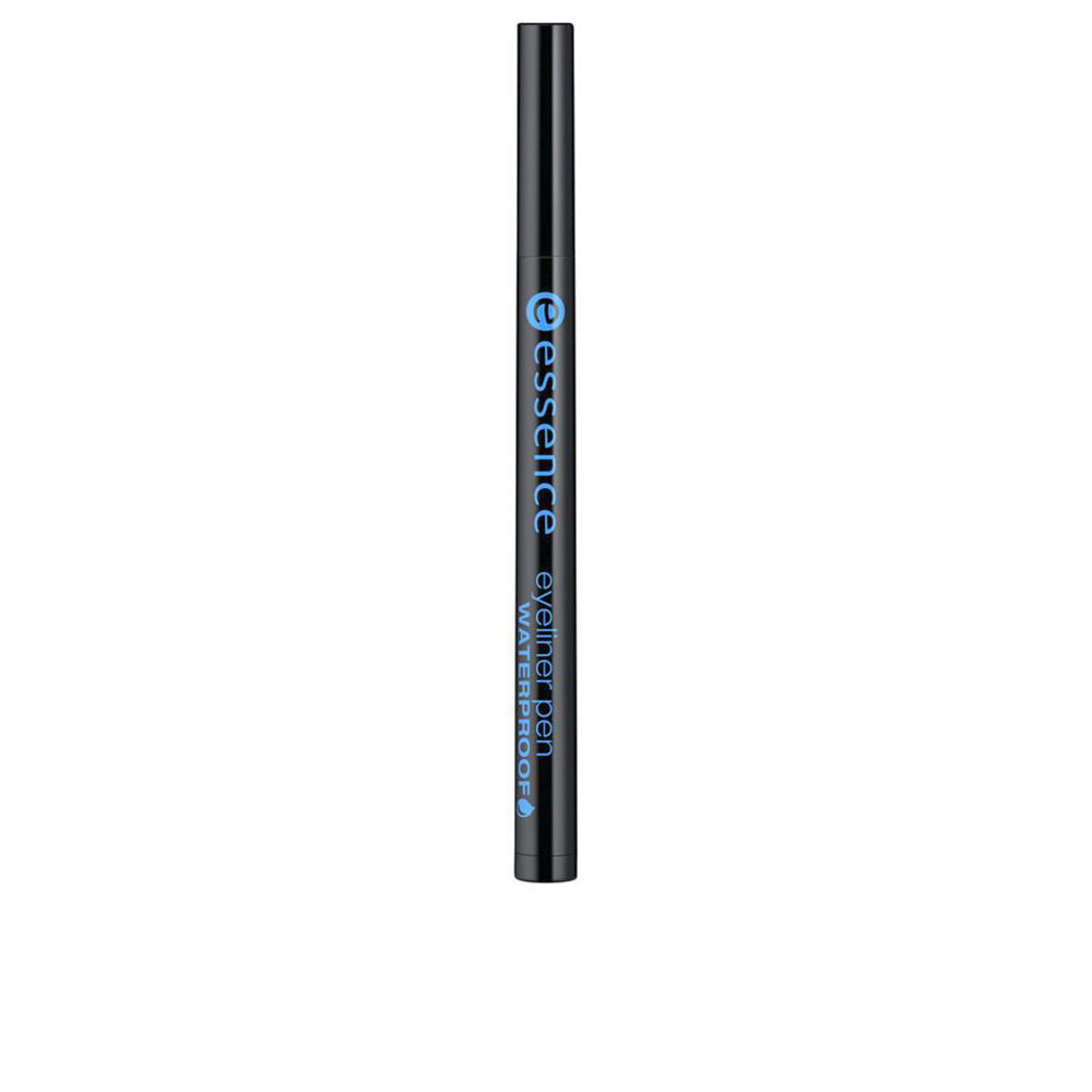Essence Black slim felt-tip eyeliner pen with blue text and cap, waterproof label visible