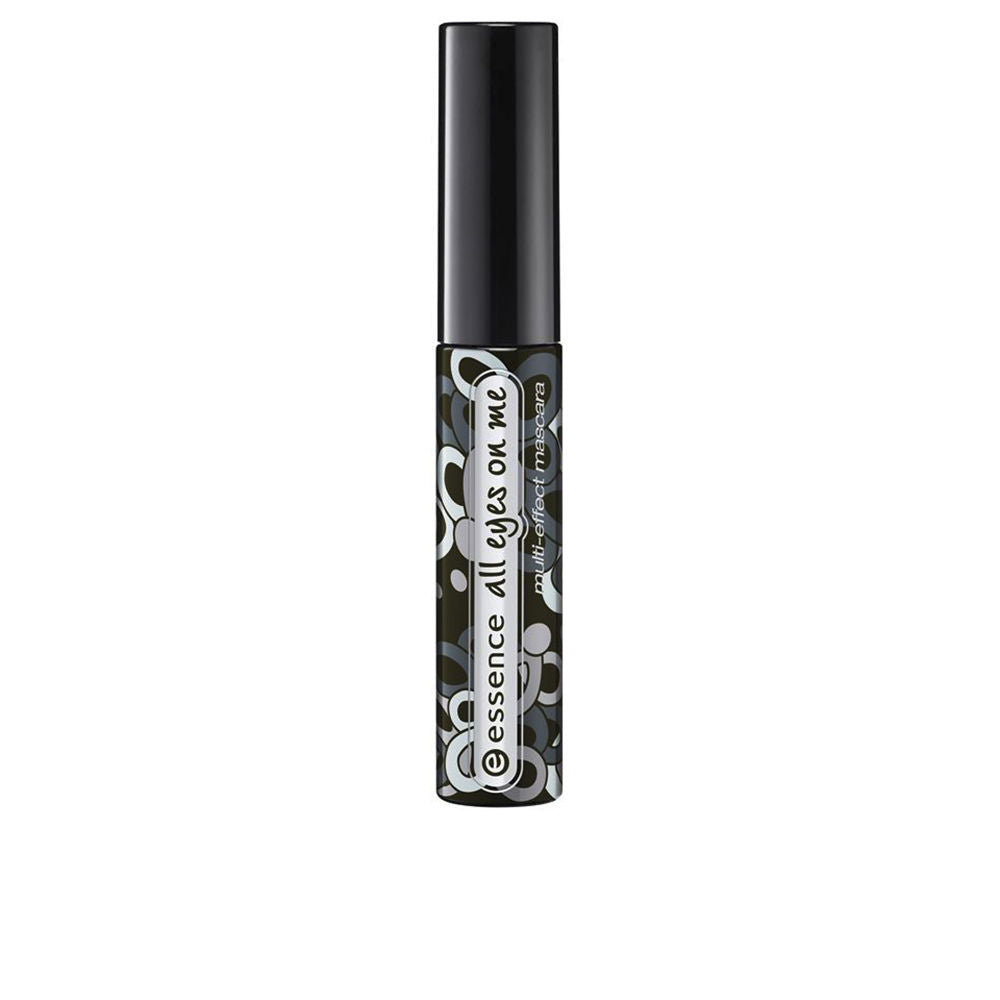 Essence Black cylindrical mascara tube with decorative white-gray floral pattern and printed label, black cap