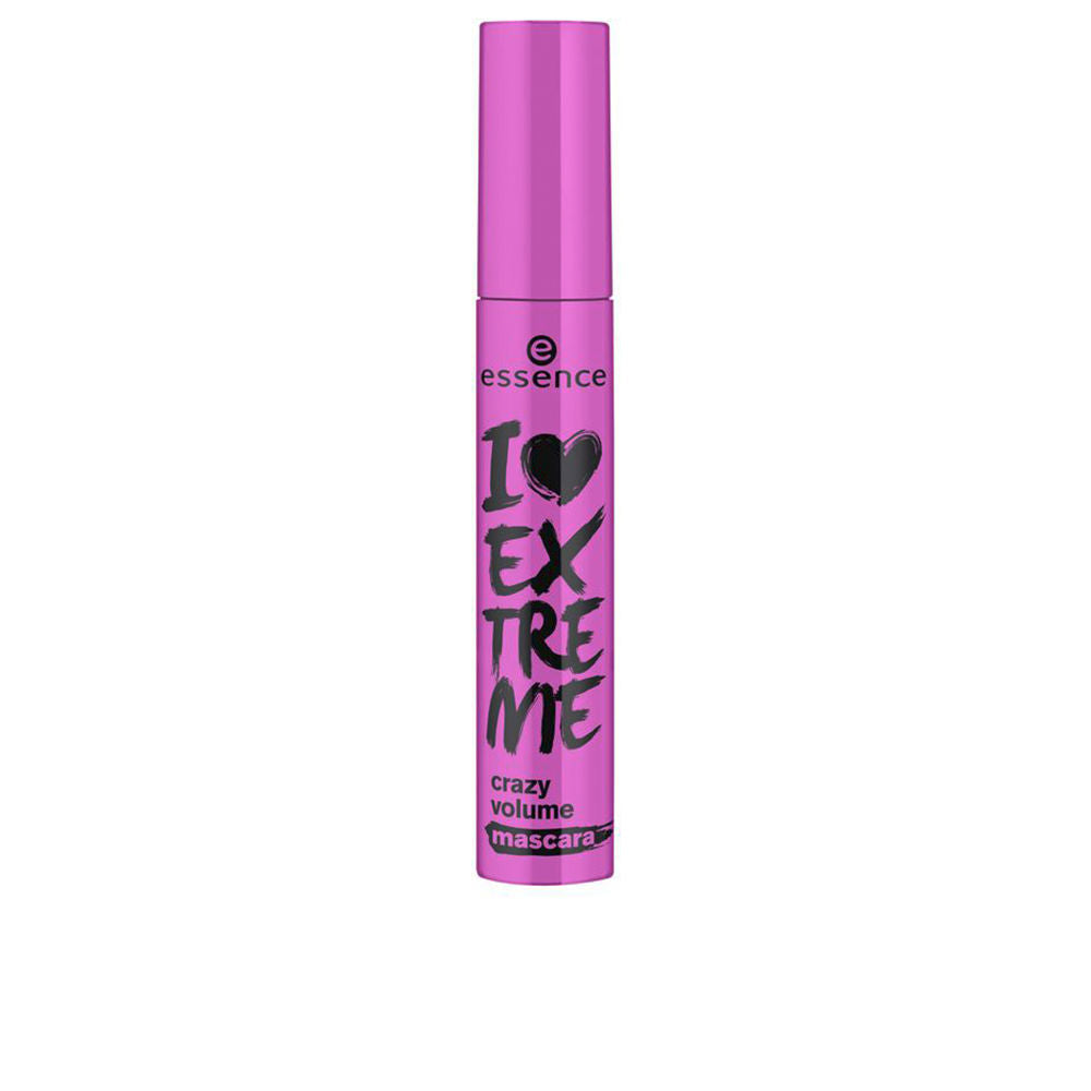 Pink cylindrical mascara tube with black bold text, heart symbol, and screw cap, Essence