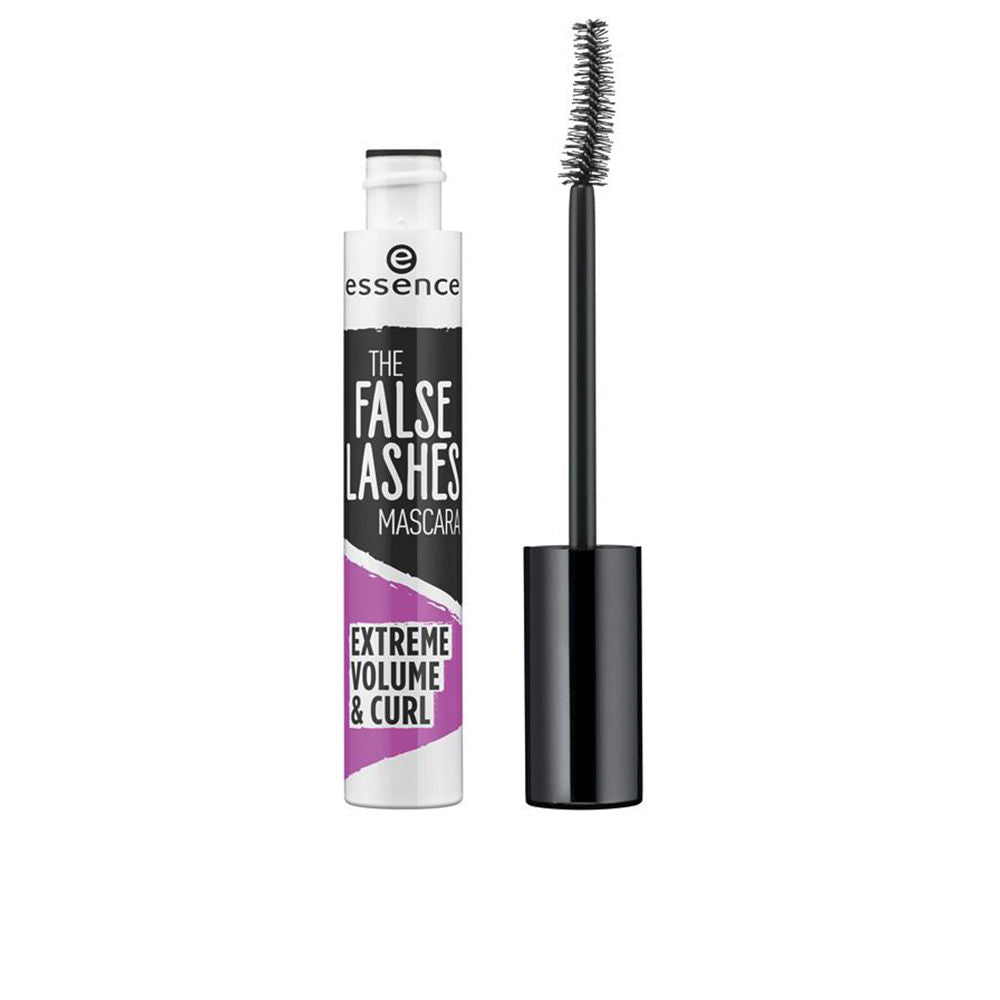 Essence Sleek plastic mascara tube with black cap, curved brush visible, printed text, purple-accented black and white