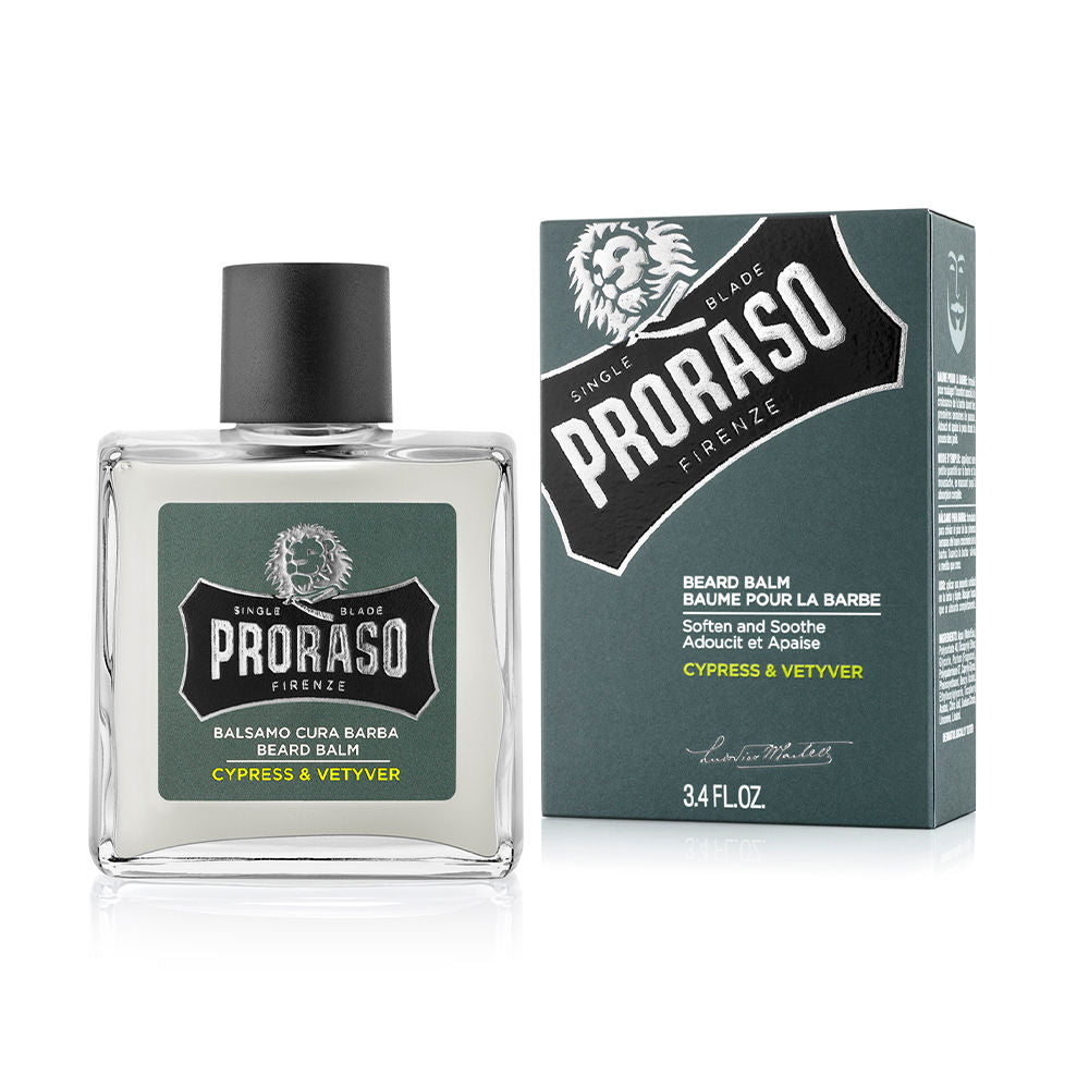 Sleek jar of Proraso Cypress &amp; Vetyver beard balm with woody fragrance