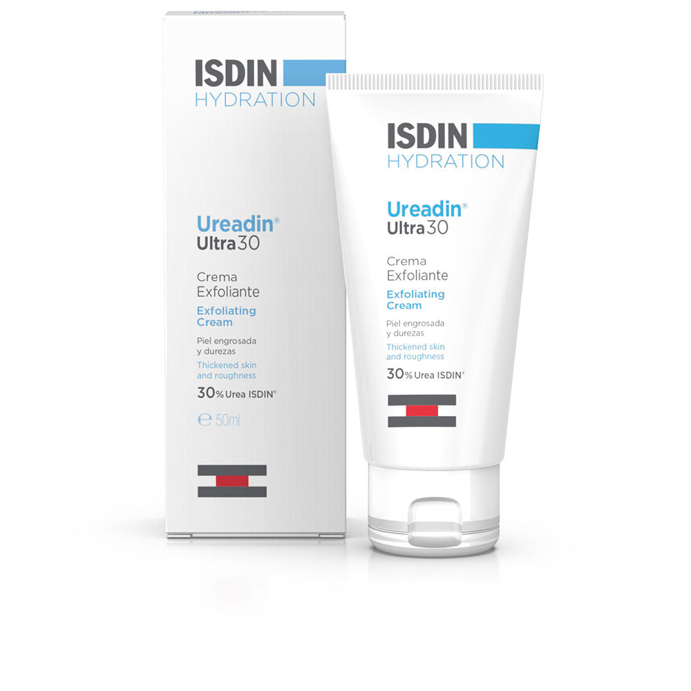 Isdin White exfoliating cream tube with blue and black text, flip-top cap, accompanying cardboard box
