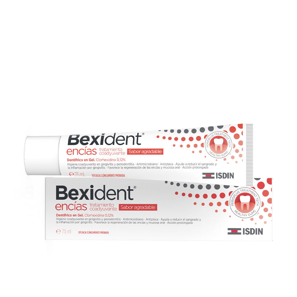 Isdin White plastic toothpaste tube with red and gray dotted pattern, tooth icon, brand logo and product text