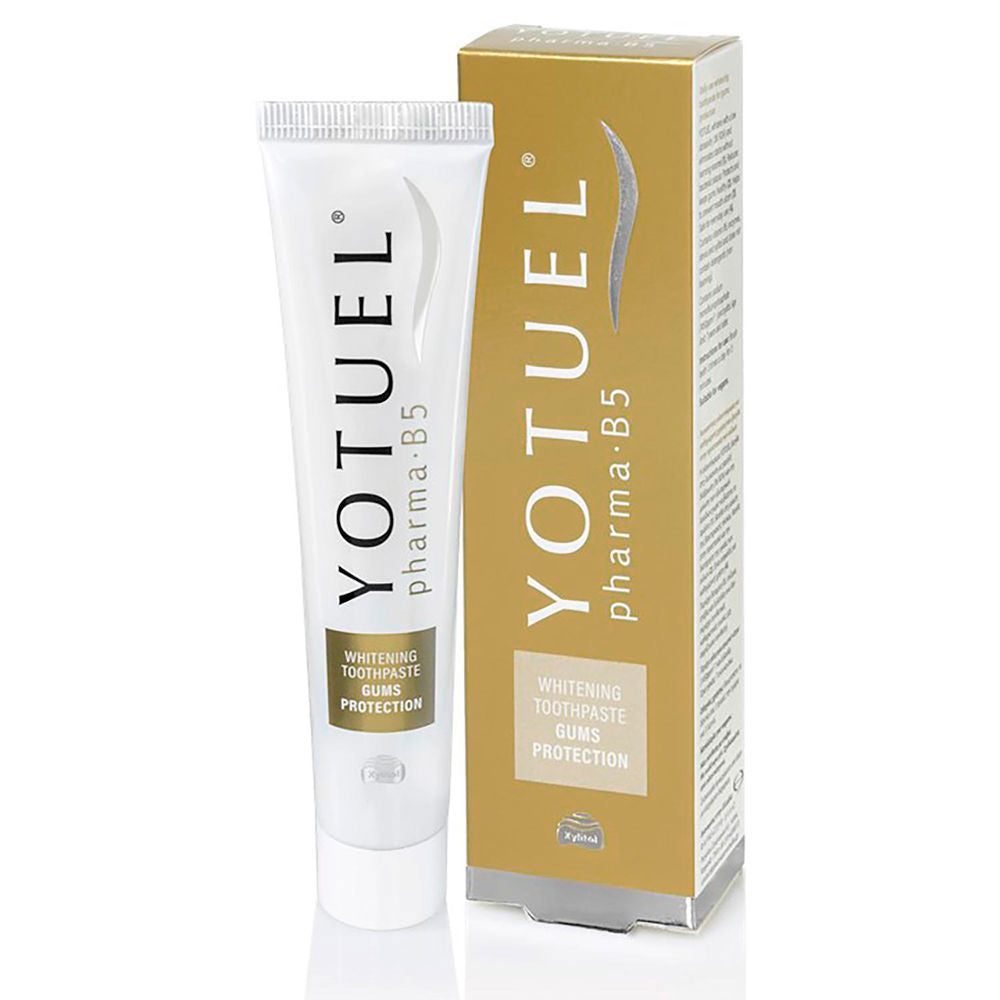 Tube of Yotuel Farma B5 whitening toothpaste on white background