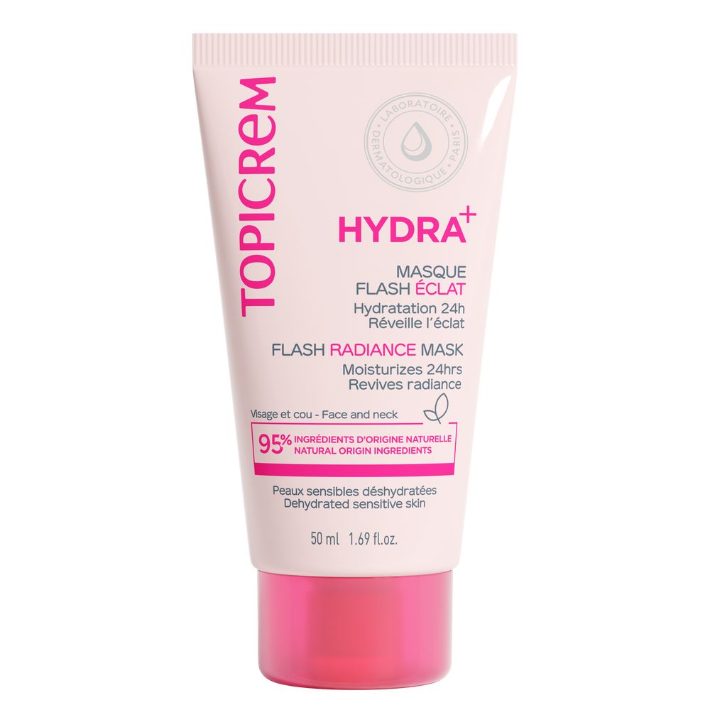 Topicrem Light pink plastic tube face mask with dark pink flip-top cap, minimalist printed text and measurement markings