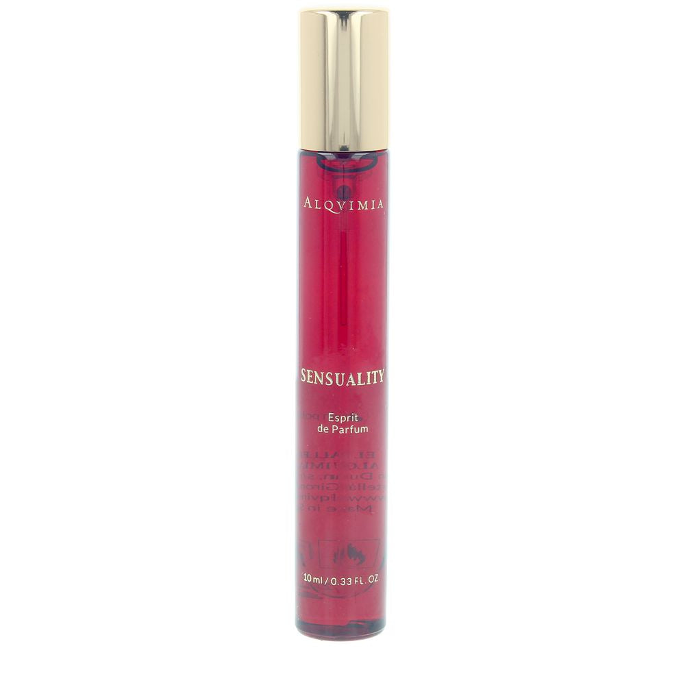 Alqvimia Sleek cylindrical red and gold perfume spray with transparent container and visible spray nozzle