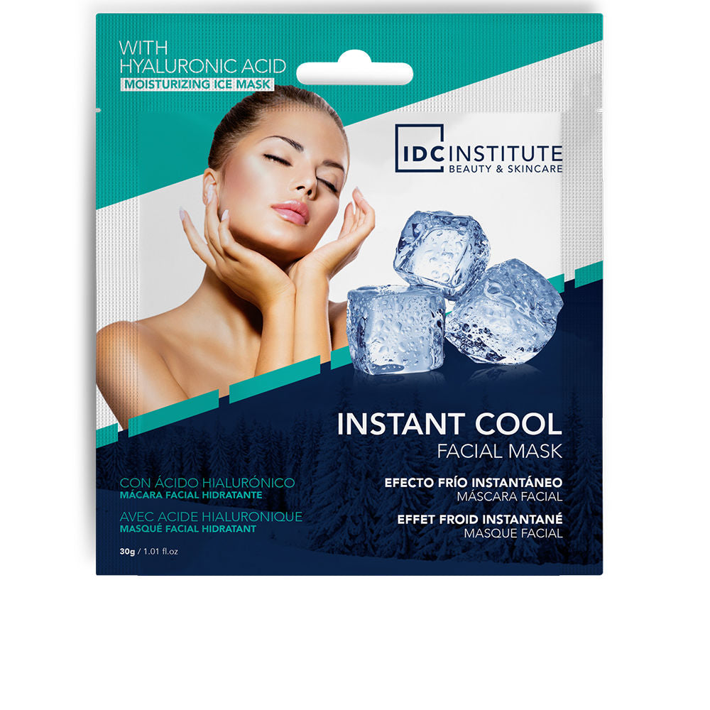 IDC Institute Teal, white and navy facial mask pack with woman’s serene portrait, ice cubes, geometric color blocks