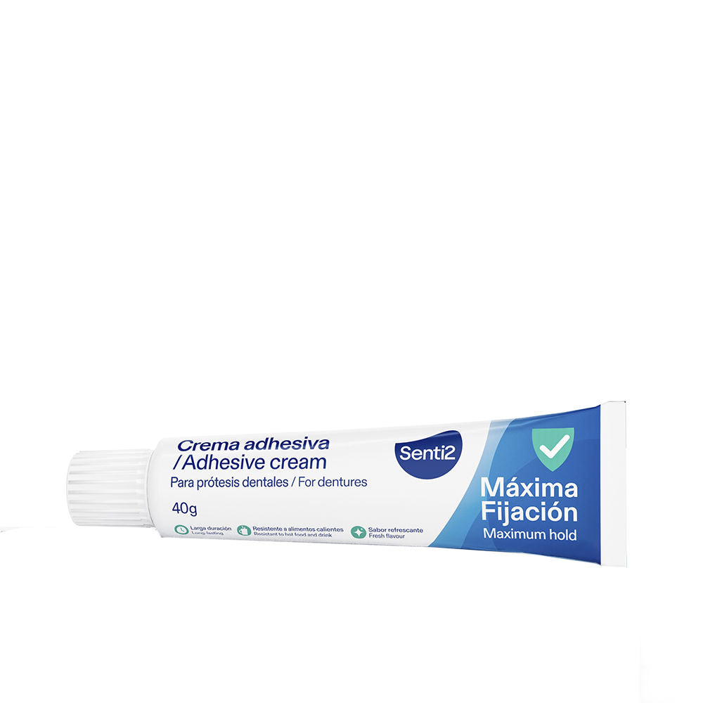 Tube of Senti2 dental adhesive cream for securing dentures, neutral packaging