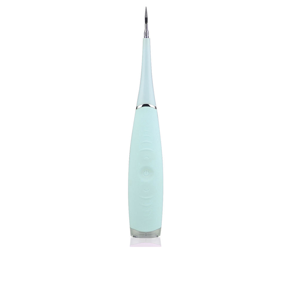 Paloma Beauties Light blue electric dental scaler in plastic and metal with slim elongated shape, metal tip, textured grip
