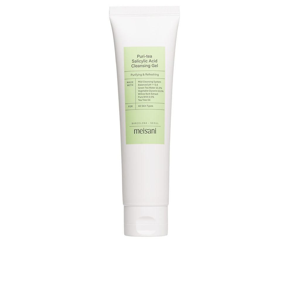 Meisani Minimalist white plastic tube with light green rectangular label, flip-top cap, printed text