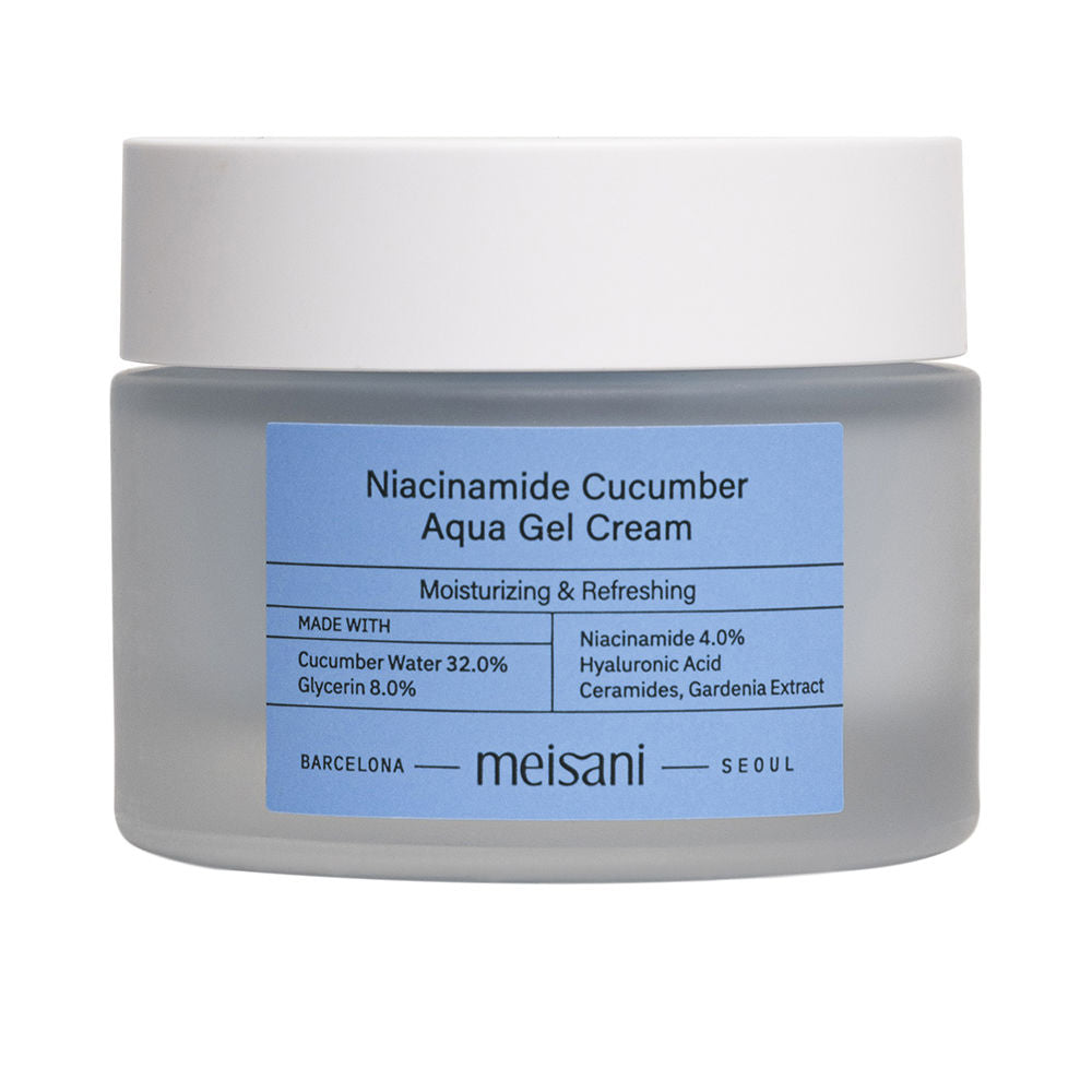 Meisani Translucent light-blue gel-cream in an open jar, smooth glossy texture, clean clinical jar silhouette