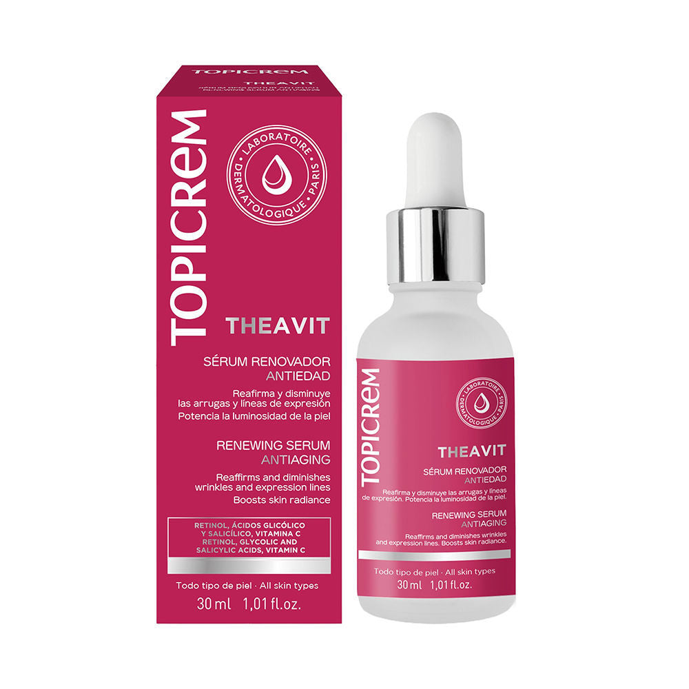 Topicrem Glass pink and white serum bottle with silver dropper cap and matching box, modern clean presentation