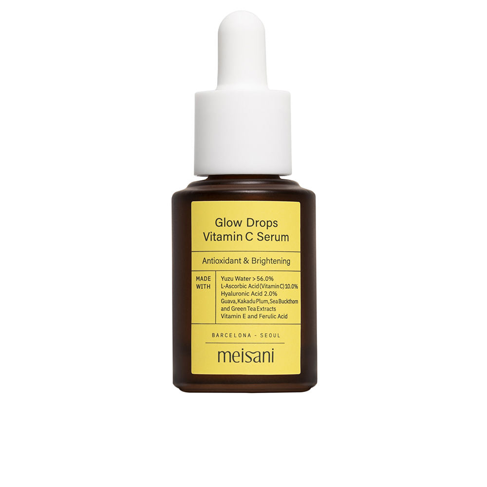 Amber glass dropper bottle with white rectangular label, yellow serum visible, Meisani branding