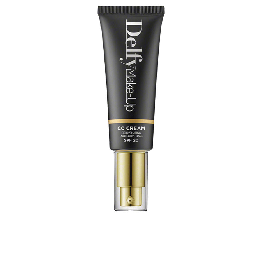 Compact tube of Delfy CC Cream with SPF 20, four shade options displayed