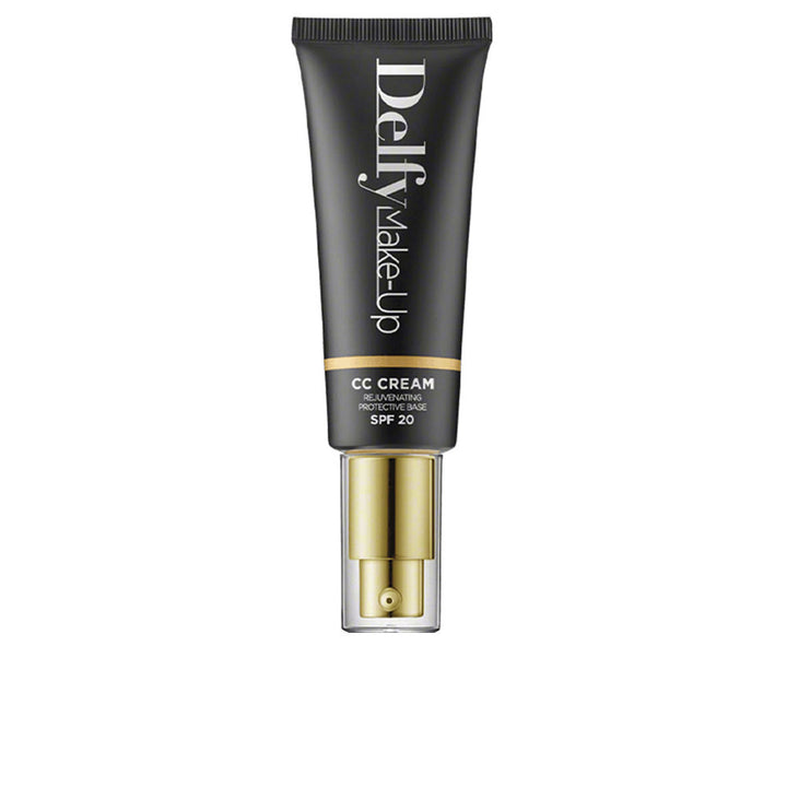 Compact tube of Delfy CC Cream with SPF 20, four shade options displayed